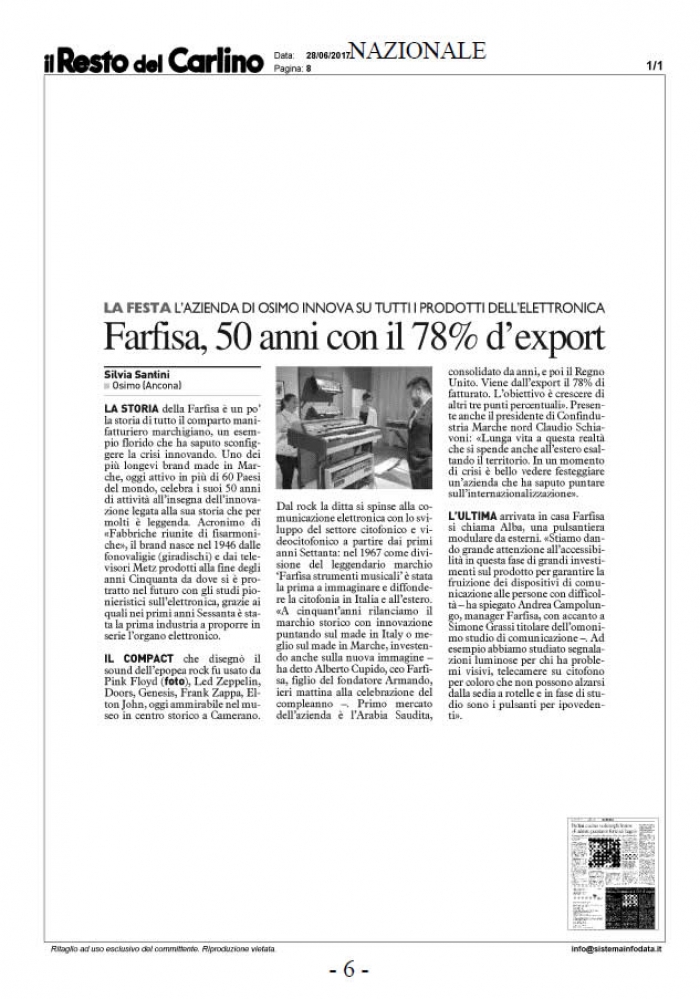 Farfisa, 50 anni con il 78% d'export