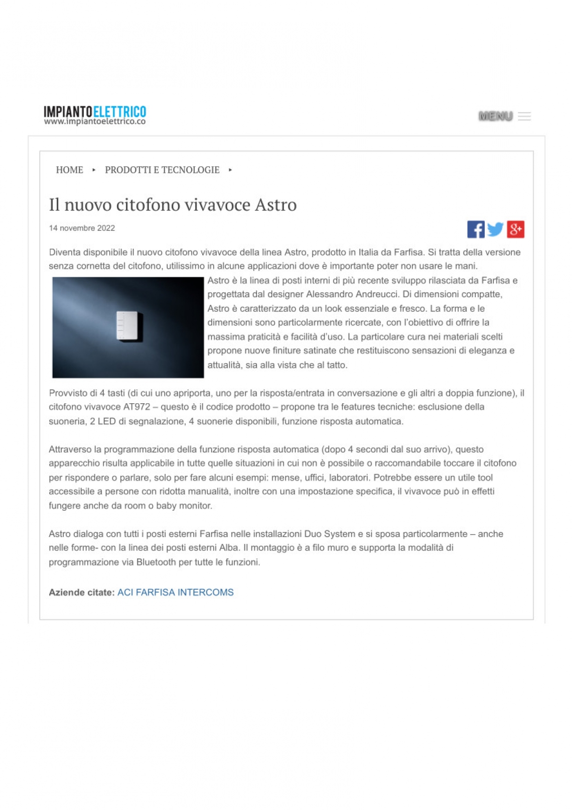 Il nuovo citofono vivavoce Astro
