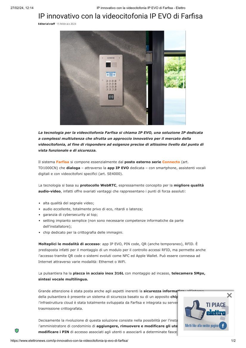 IP innovativo con la videocitofonia IP di Farfisa