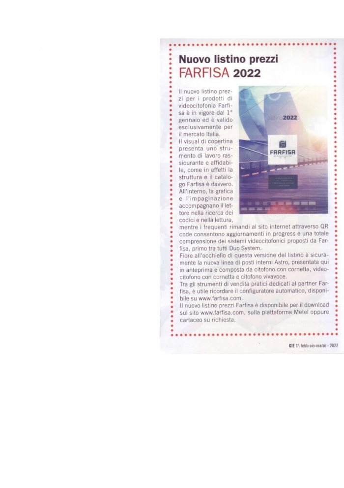 Nuovo listino prezzi Farfisa 2022